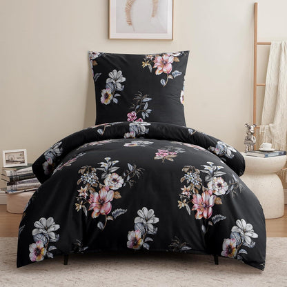 Bettwäsche Set Blumenmuster Mikrofaser Reißverschluss 155x220 Schwarz