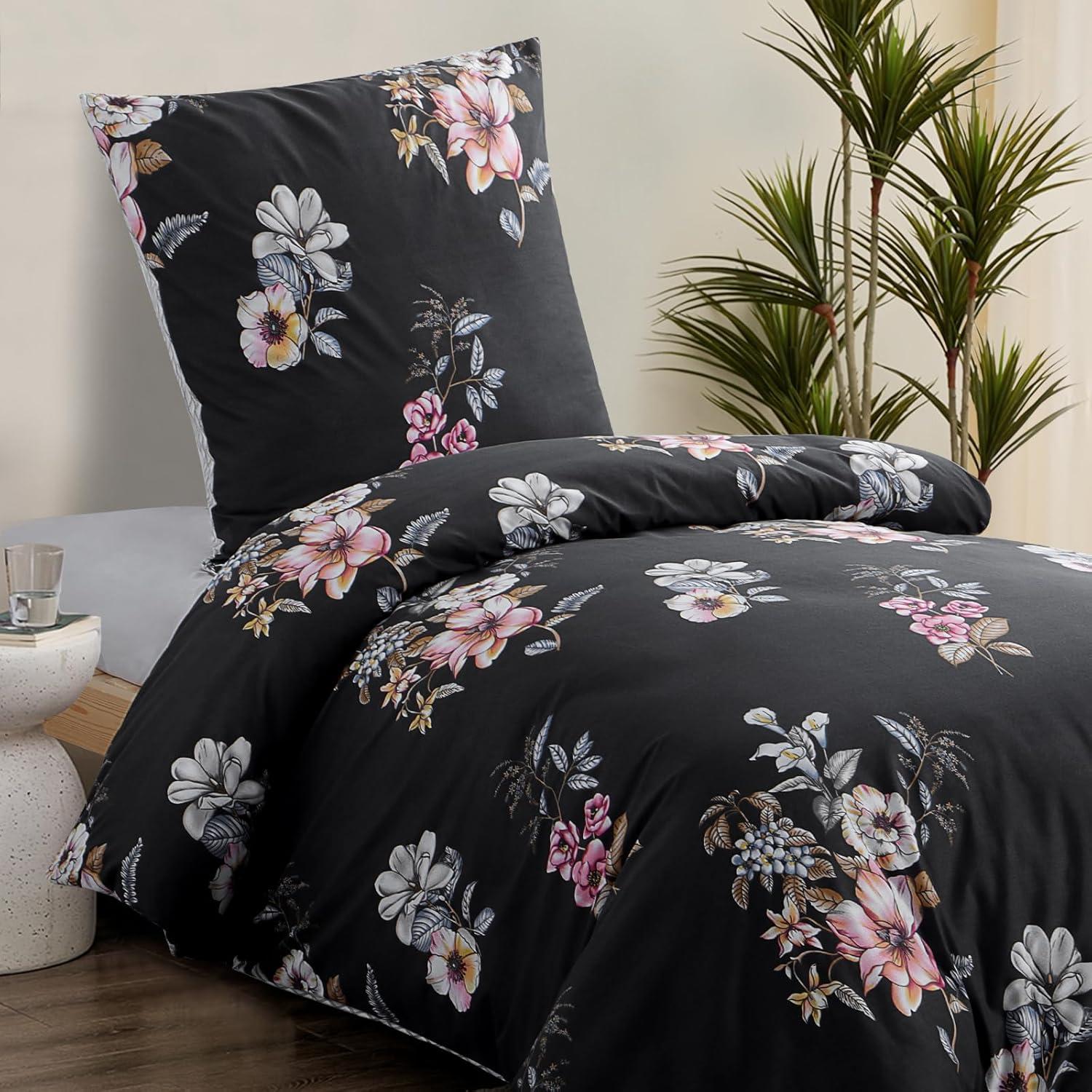 Bettwäsche Set Blumenmuster Mikrofaser Reißverschluss 155x220 Schwarz