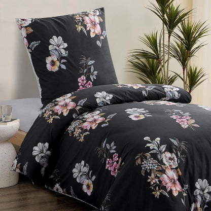 Bettwäsche Set Blumenmuster Mikrofaser Reißverschluss 155x220 Schwarz
