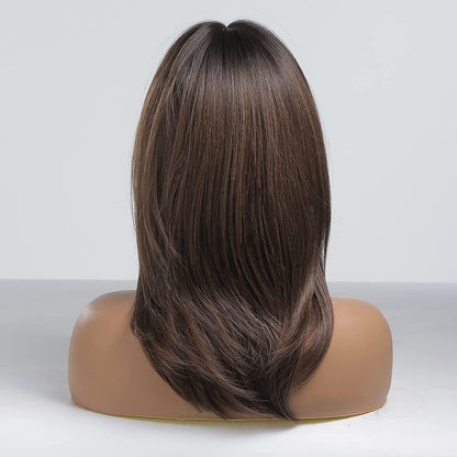 Dunkelbraune Ombre Perücke mit Pony – Lange, geschichtete Kunstfaserperücke