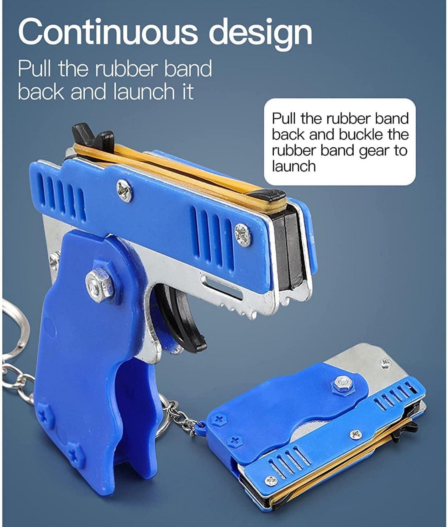 Mini Gummibandpistole Metall klappbar Schlüsselanhänger