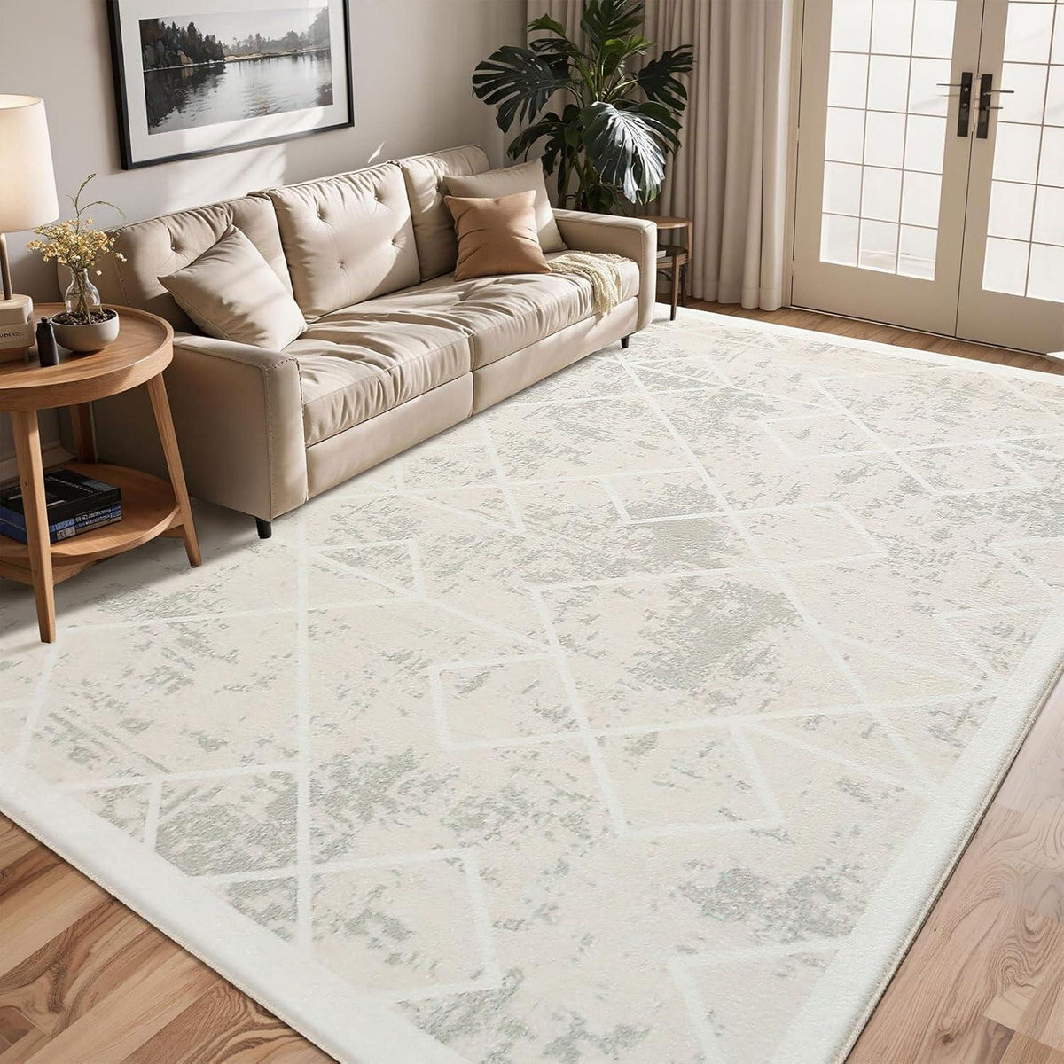 Moderner Kurzflorteppich 160x200cm Elfenbein Geometrisch