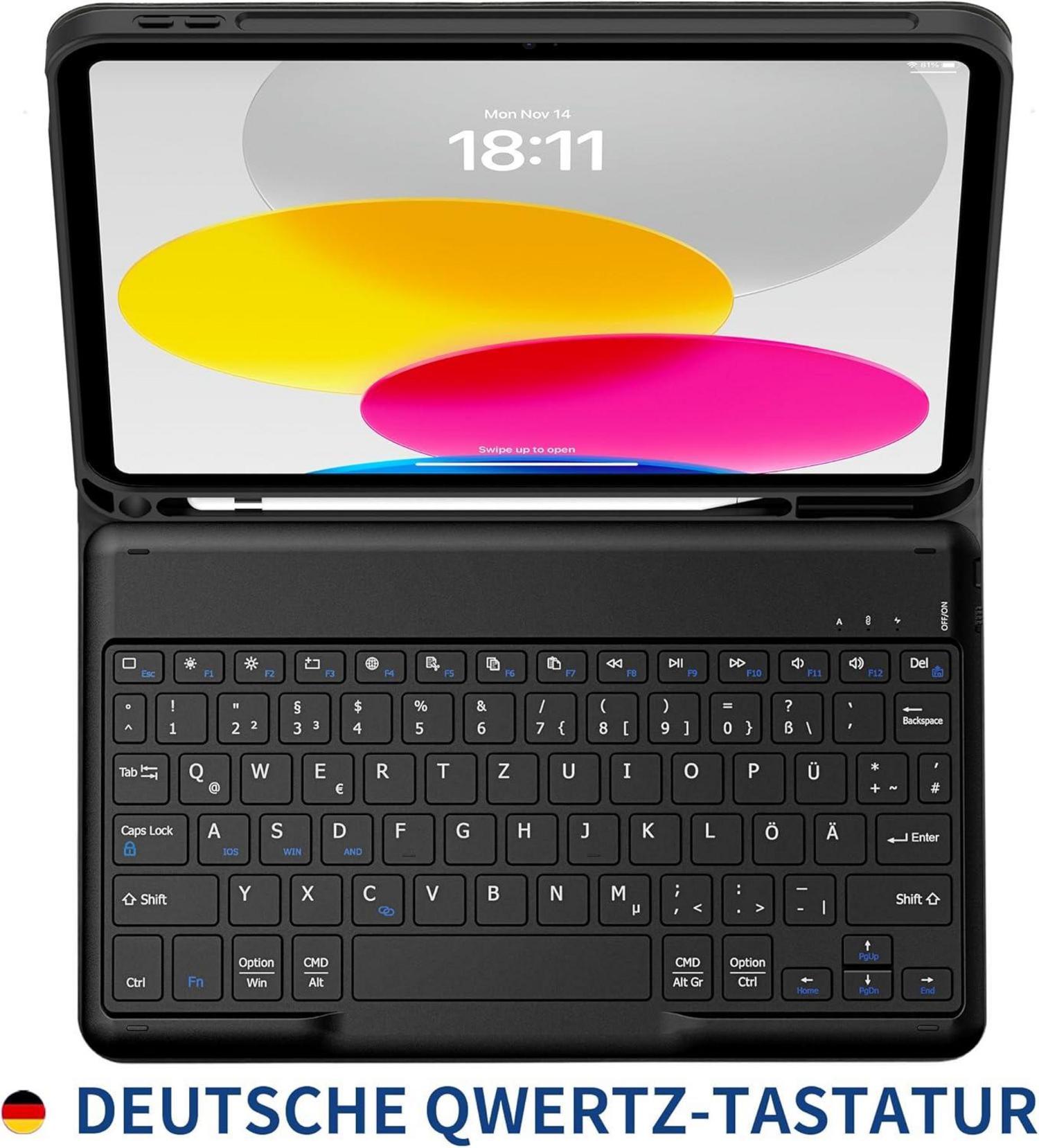 QWERTZ Tastatur Hülle für iPad 10.9 Zoll 2022 - Bluetooth Schwarz
