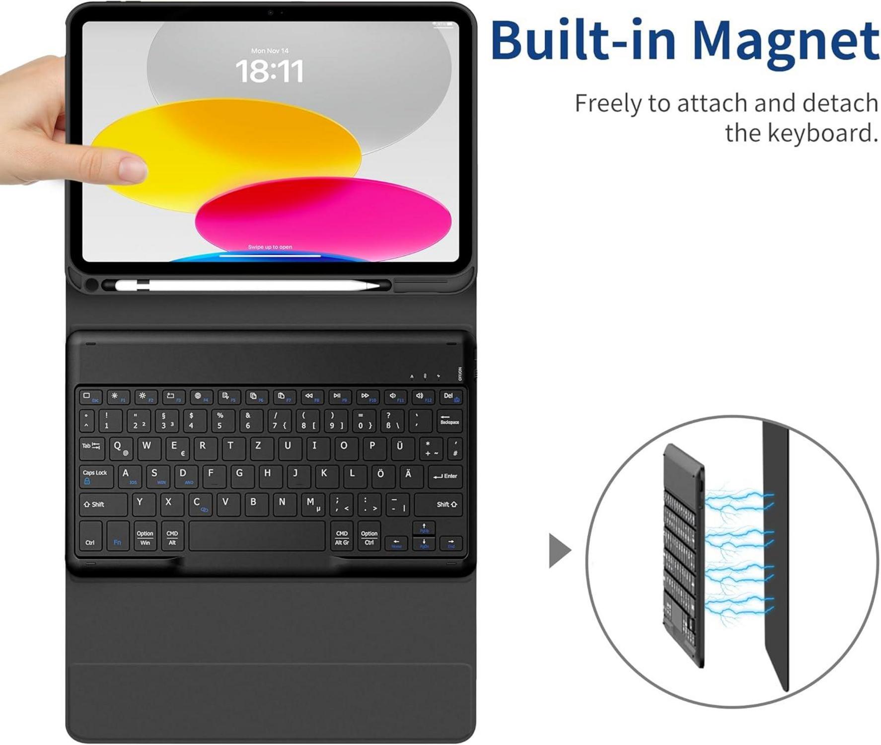 Tastatur Hülle für iPad 10.9 Zoll 2022, QWERTZ, Bluetooth, Schwarz