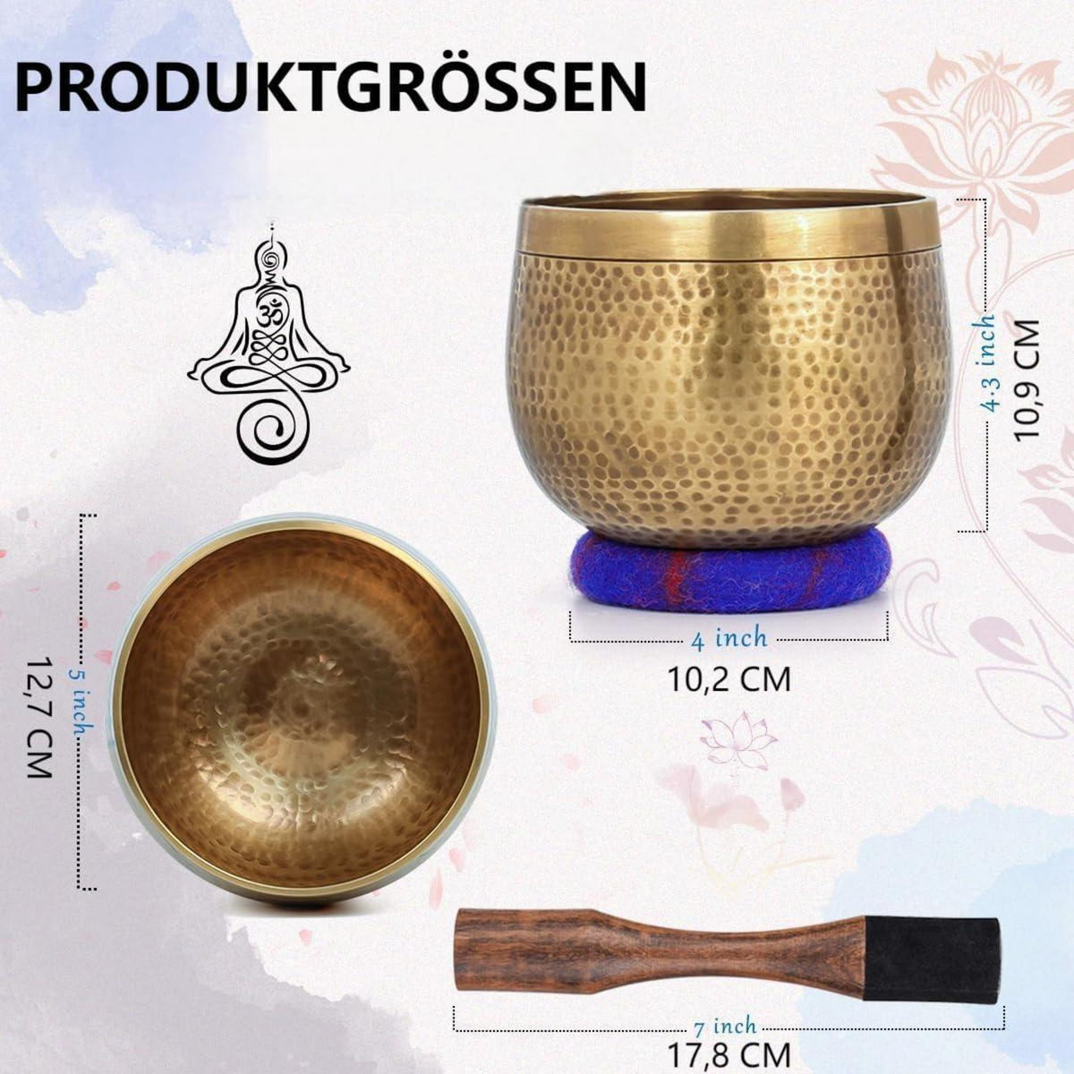 Tibetanische Klangschale 14 cm, handgehämmert, Meditationsset