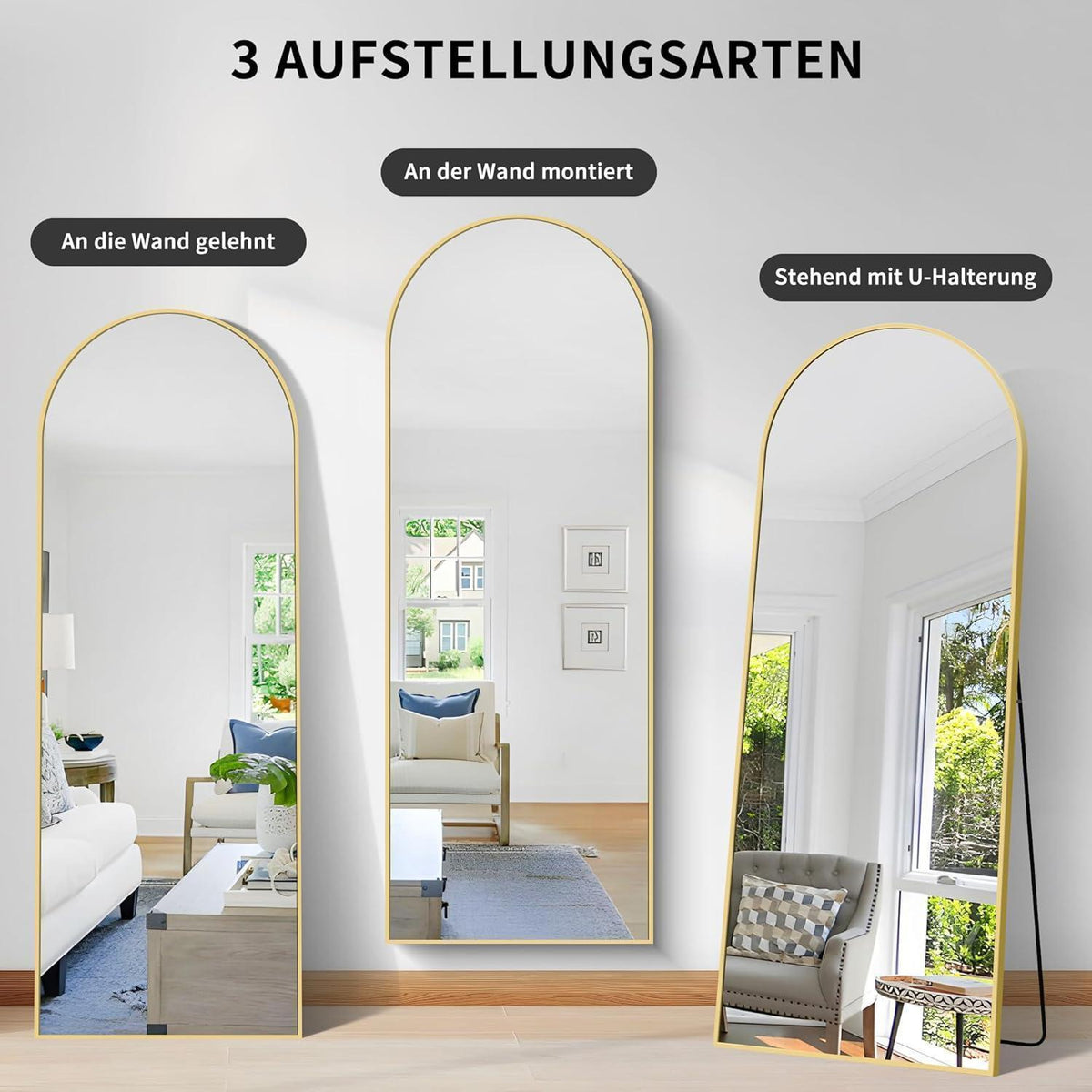 Großer Gewölbter Standspiegel mit Goldrahmen – 161 x 52 cm