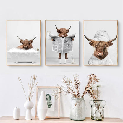 Hochland Kuh Poster Set lustige Badewanne Leinwand Kunst 40x50cm