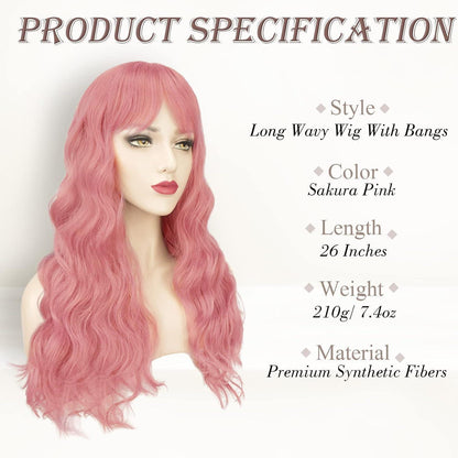 Lange Rosa Perücke mit Pony 66cm für Frauen - Synthetische