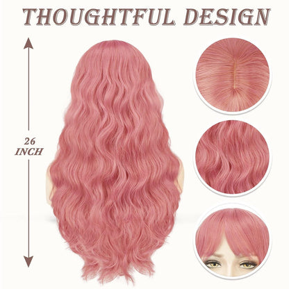 Lange Rosa Perücke mit Pony 66cm für Frauen - Synthetische