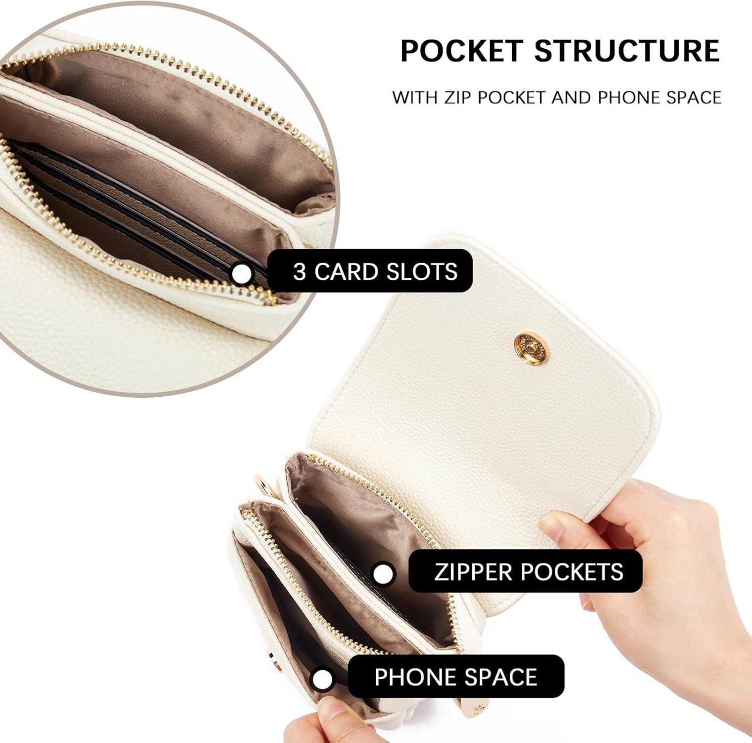 Umhängetasche PU Leder Handy Geldbörse Damen Beige mit 3 Fächern