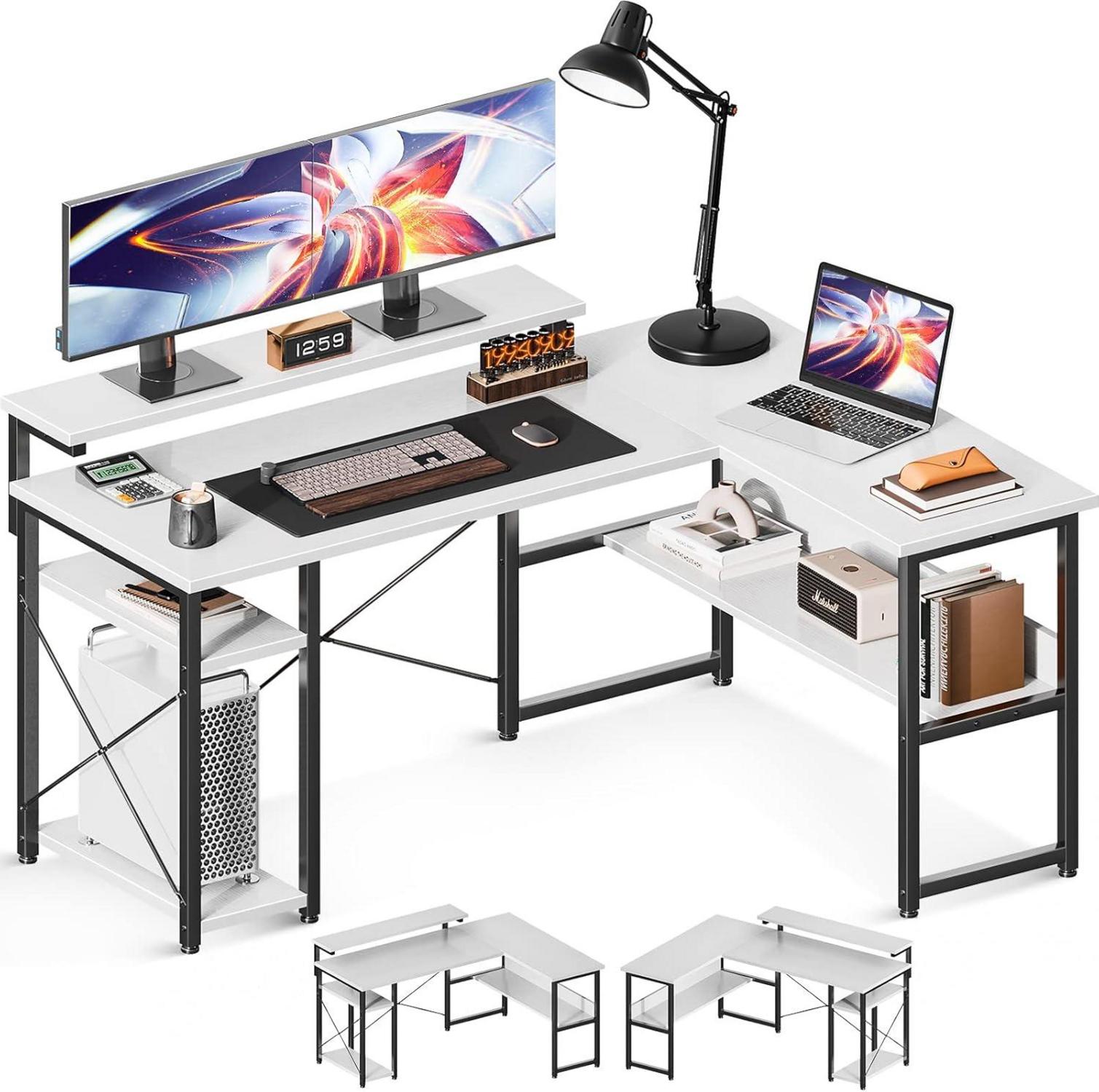 Eckschreibtisch mit Monitorständer und Regal Weiß 137×102 cm