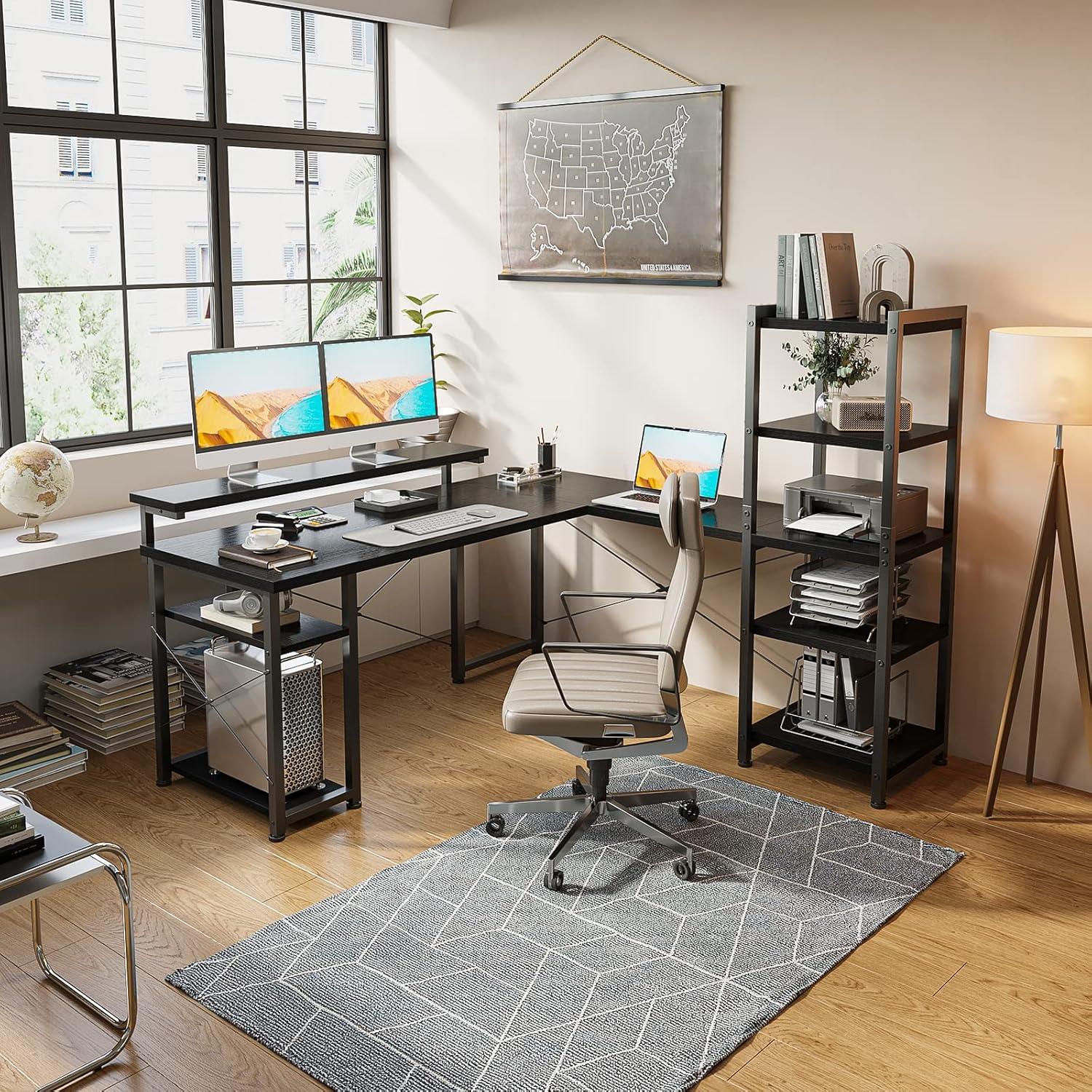 Schreibtisch Eckschreibtisch L-Form Regal Monitorständer Schwarz