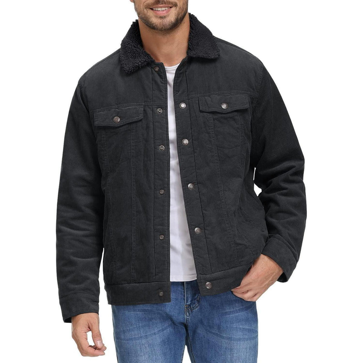 Herren Cordjacke gefüttert mit Teddyfell - Dunkelgrau XL