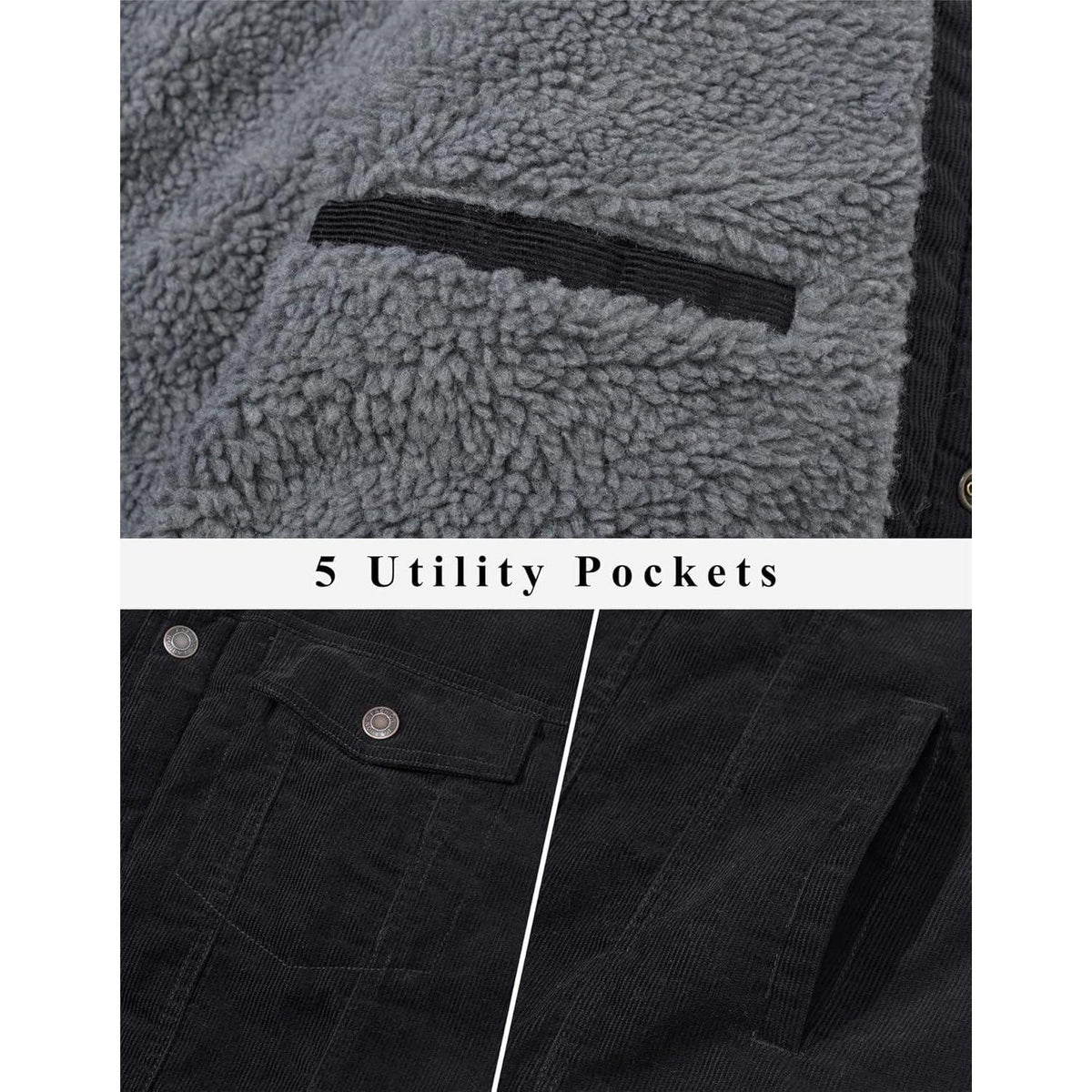 Herren Cordjacke gefüttert mit Teddyfell - Warme Übergangsjacke Schwarz XL