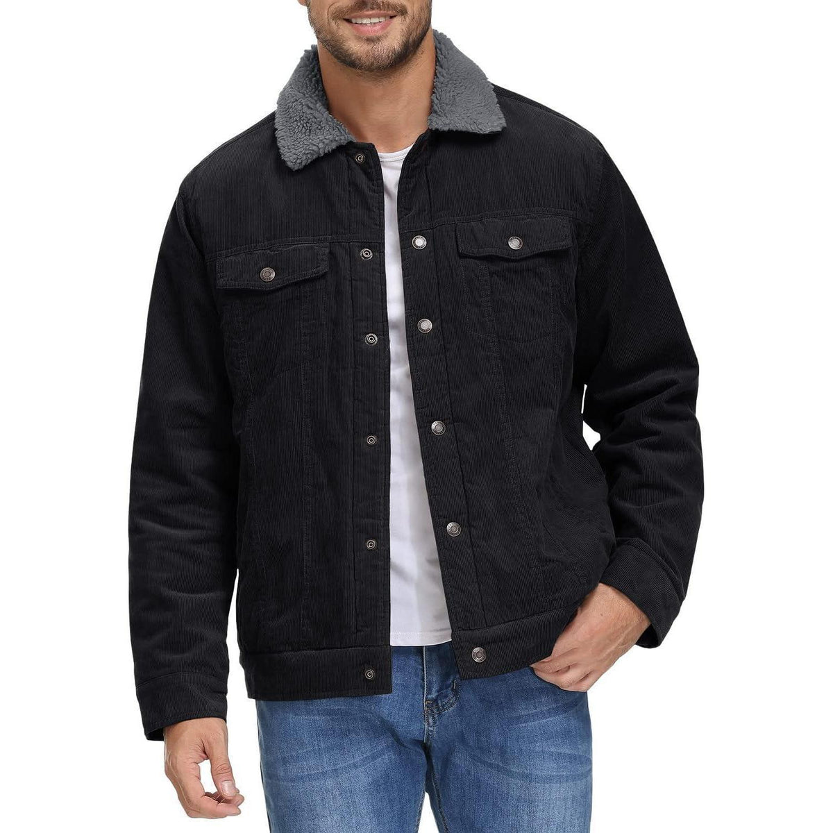 Herren Cordjacke mit Teddyfell-Kragen L Schwarz