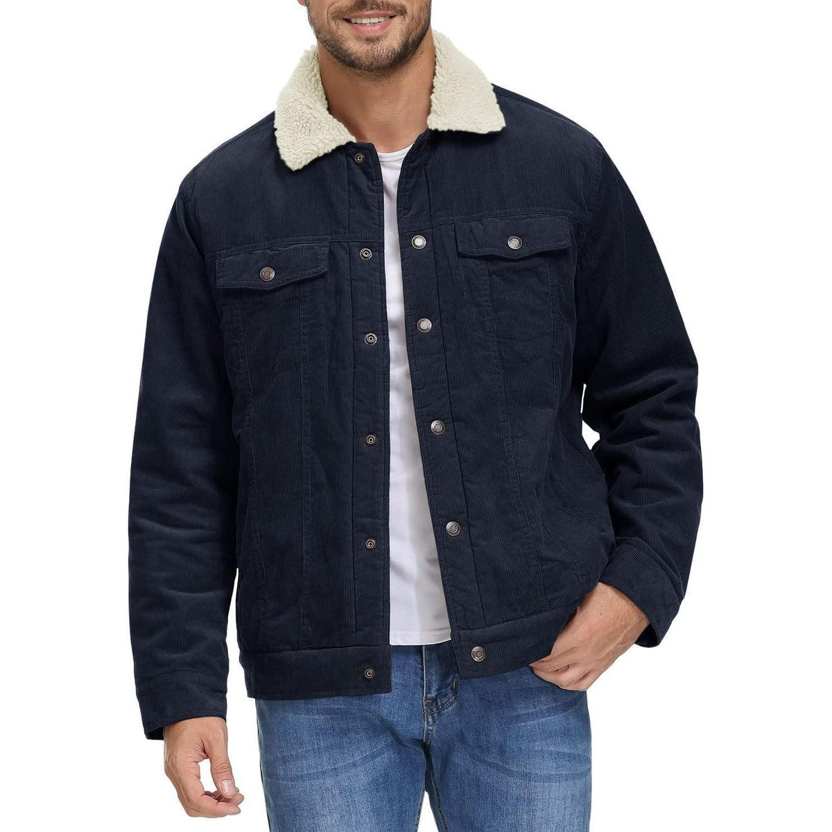 Herren Cordjacke mit Teddyfell-Kragen Navy