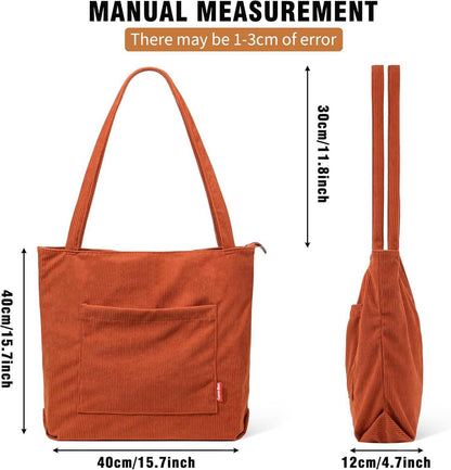 Damen Cord Umhängetasche Reißverschluss Shopper Tote Bag Work Travel