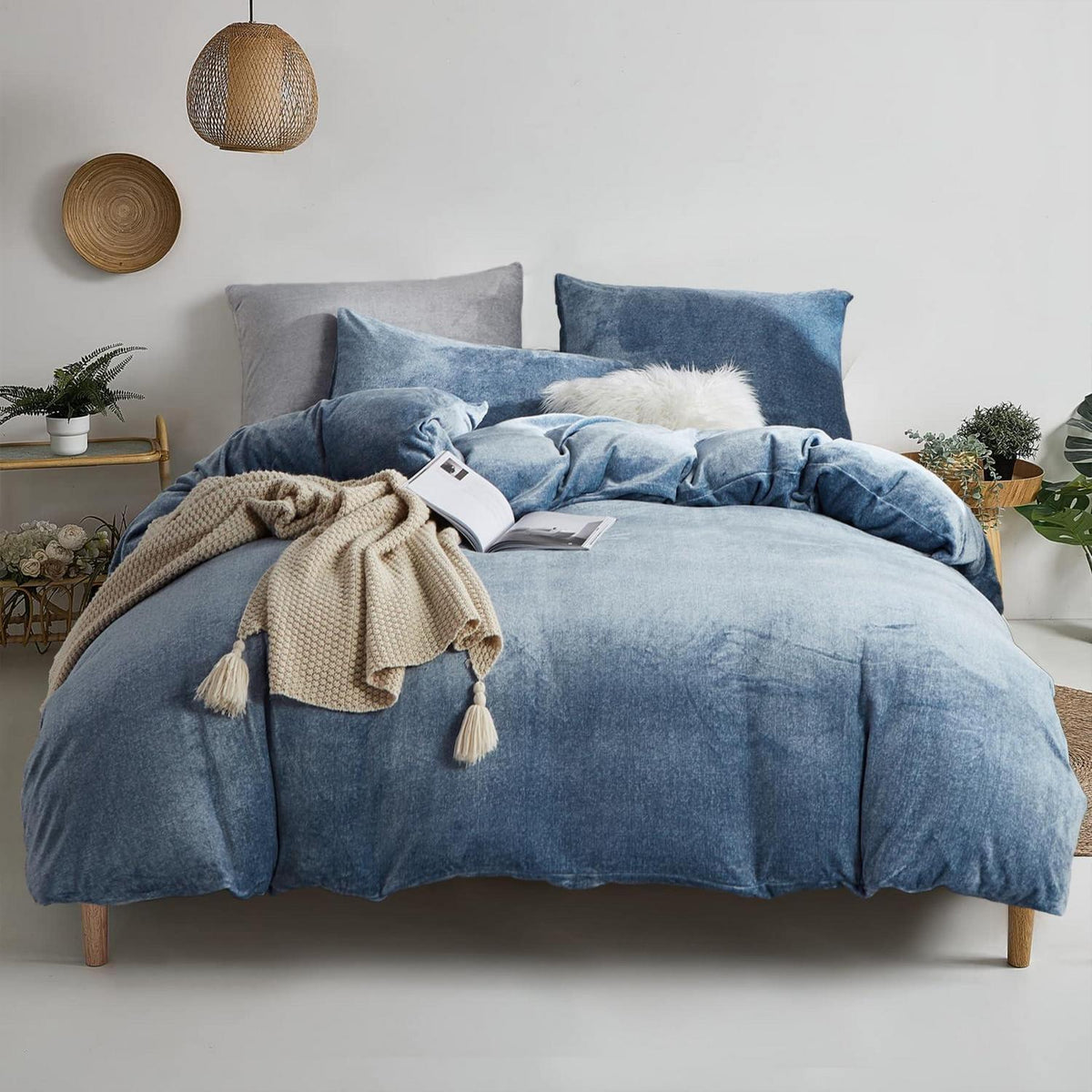 Damier Winter Plüsch Bettwäsche Set Blau 220x240cm