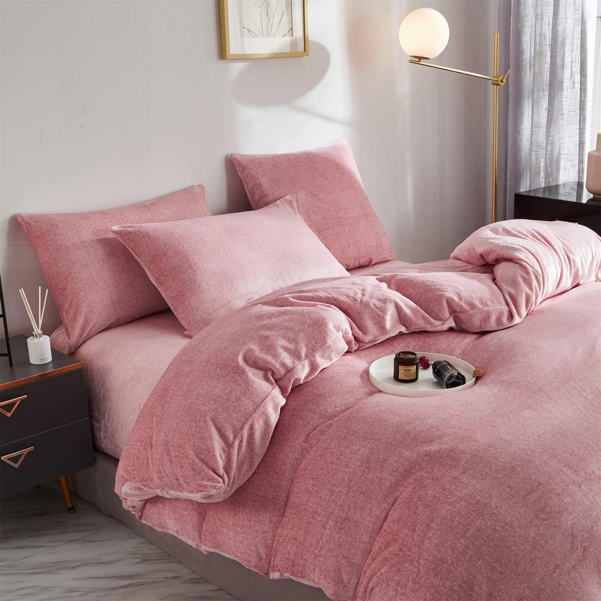 Damier Winter Plüsch Bettwäsche Set Rosa 200x200cm