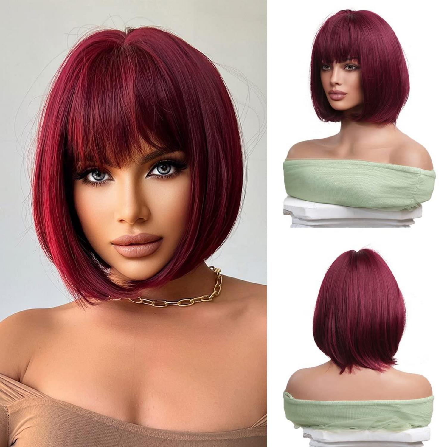 Perücke Bob Weinrot Kurz Gerade Synthetisch für Frauen Cosplay