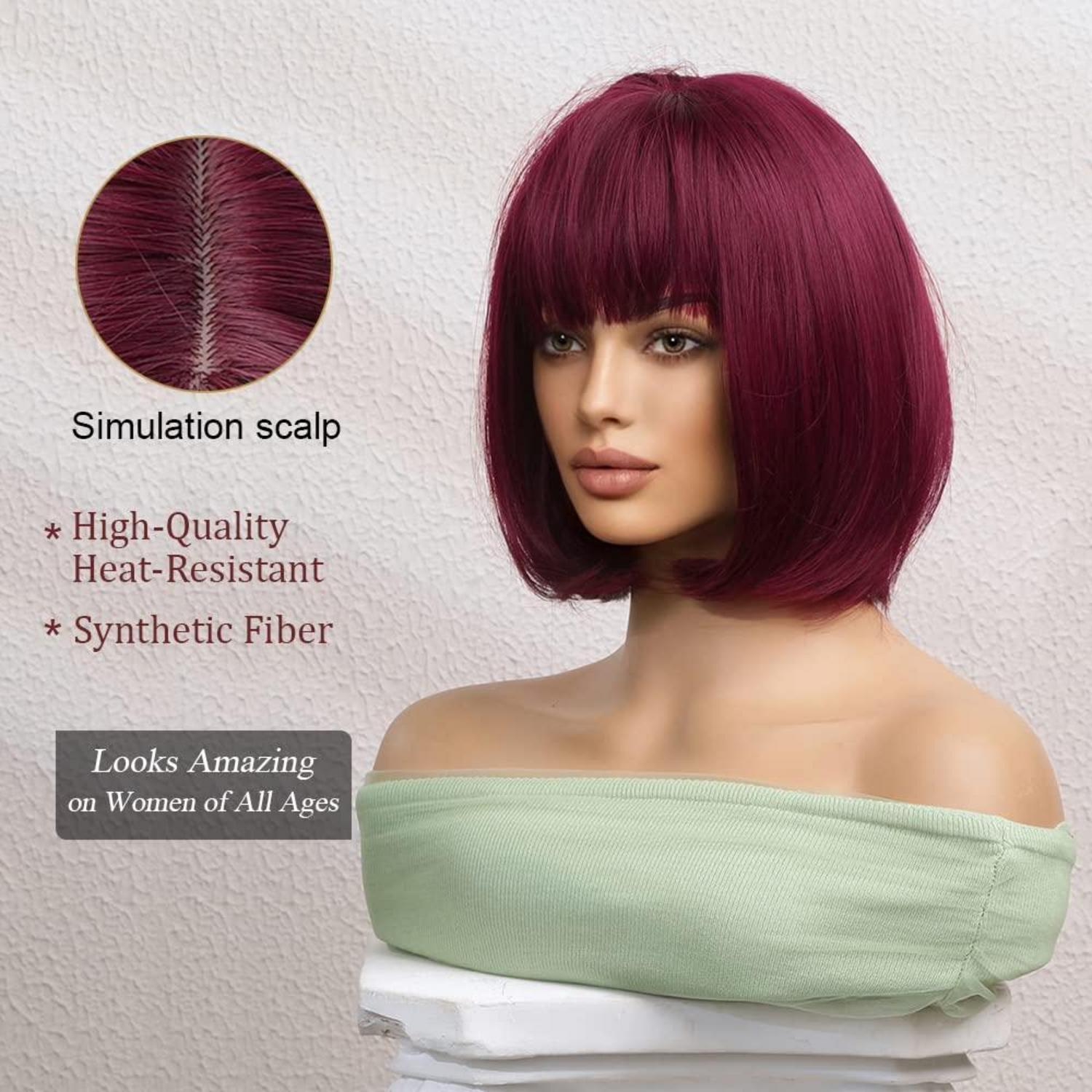 OUFEI 10 Zoll Bob Perücke Weinrot Synthetik Haar Cosplay Party Kurz Gerade