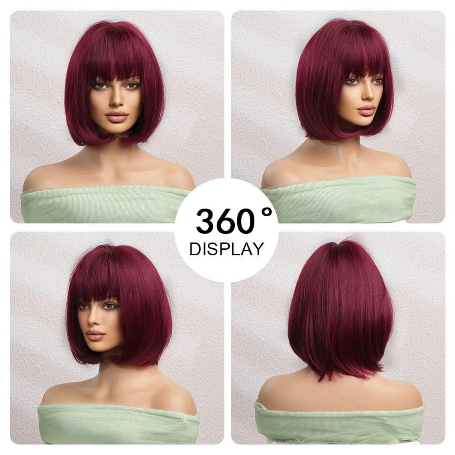 OUFEI 10 Zoll Weinrot Bob Perücke Synthetisches Haar Frauen Cosplay
