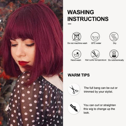 OUFEI 10 Zoll Weinrot Bob Perücke Synthetisches Haar Frauen Cosplay