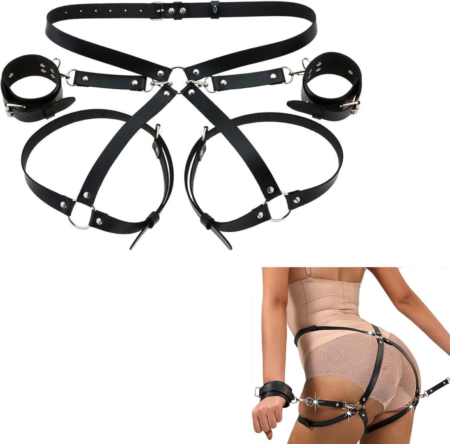Sexy Damen Leder Harness Set mit Handschellen und Gürtel