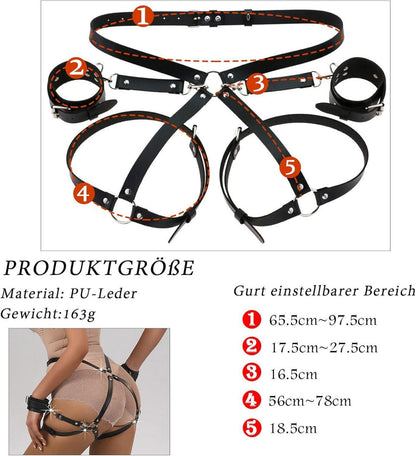 Sexy Punk Harness Damen Leder Fesseln Set mit Handschellen BDSM Bondage Gothic Dessous