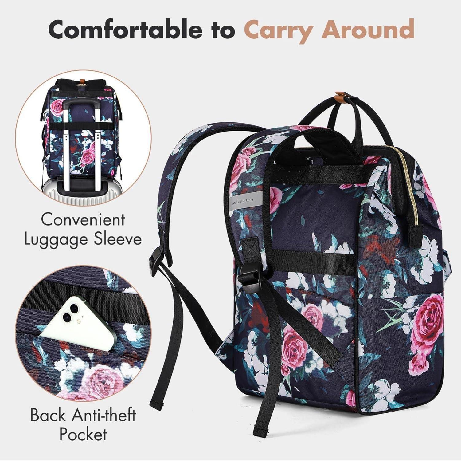 Lekesky Damen Laptop Rucksack 15,6 Zoll Schulrucksack Daypack, Anti Diebstahl Tasche, Reise Büro Uni, Blaue Blumen