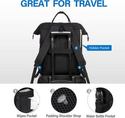 Damen Rucksack Schwarz Wasserdicht 18 Zoll USB-Ladeanschluss