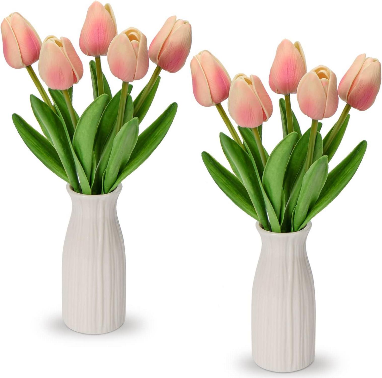 Künstliche Tulpen Blumen Real Touch in Keramikvase 30cm Light Rosa
