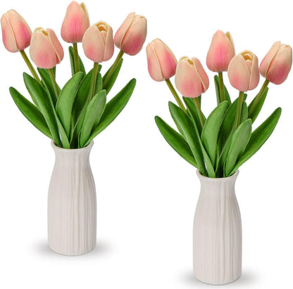 Künstliche Tulpen Blumen Real Touch in Keramikvase 30cm Light Rosa