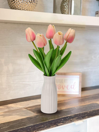 Kunstblumen Künstliche Tulpen Real Touch Blumen mit Keramikvase 30cm Light Rosa