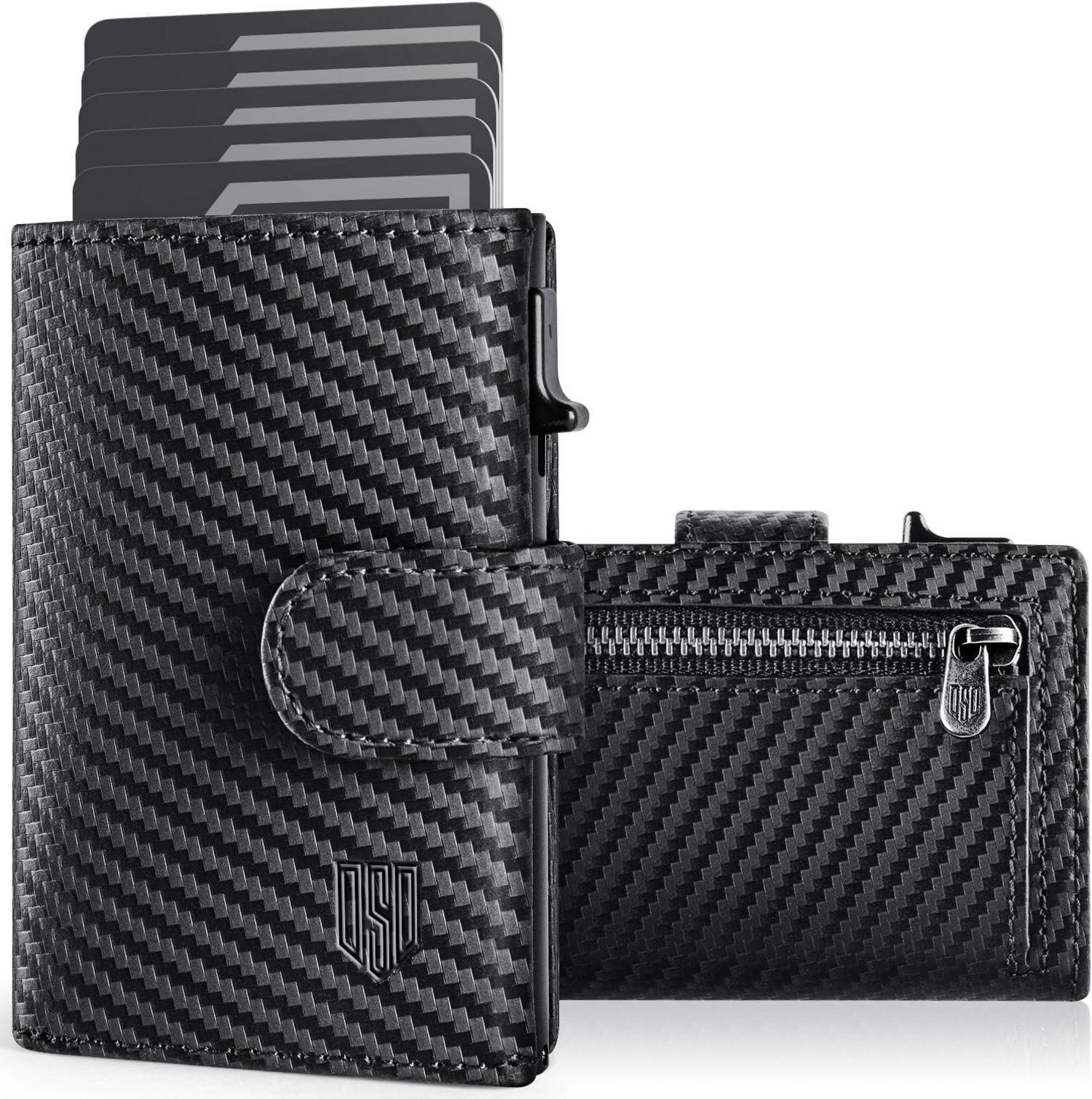 RFID Kreditkartenetui Herren Münzfach Pop-up Aluminium Schwarz Carbon