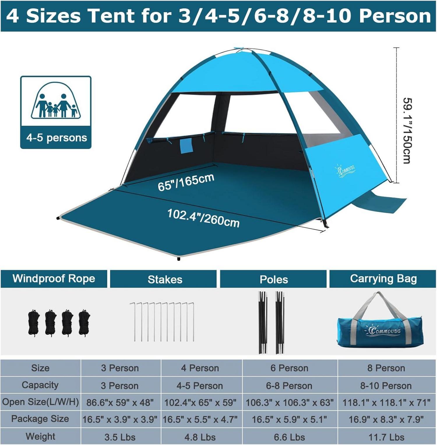 COMMOUDS Strandmuschel für 3-4 Personen UPF 50+ dunkle