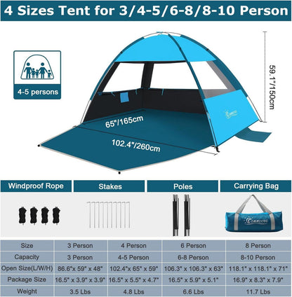 COMMOUDS Strandmuschel für 3-4 Personen UPF 50+ dunkle
