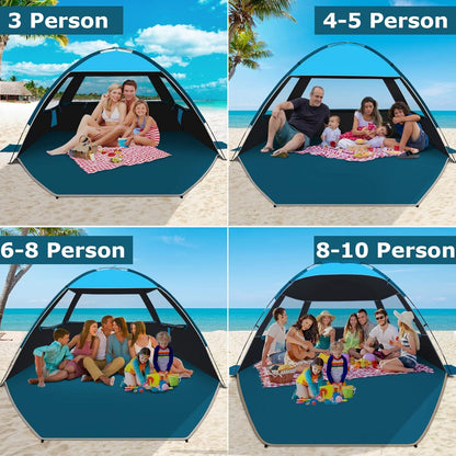 Strandmuschel UPF 50+ für 3-4 Personen in Blau mit Dunkler Überdachung