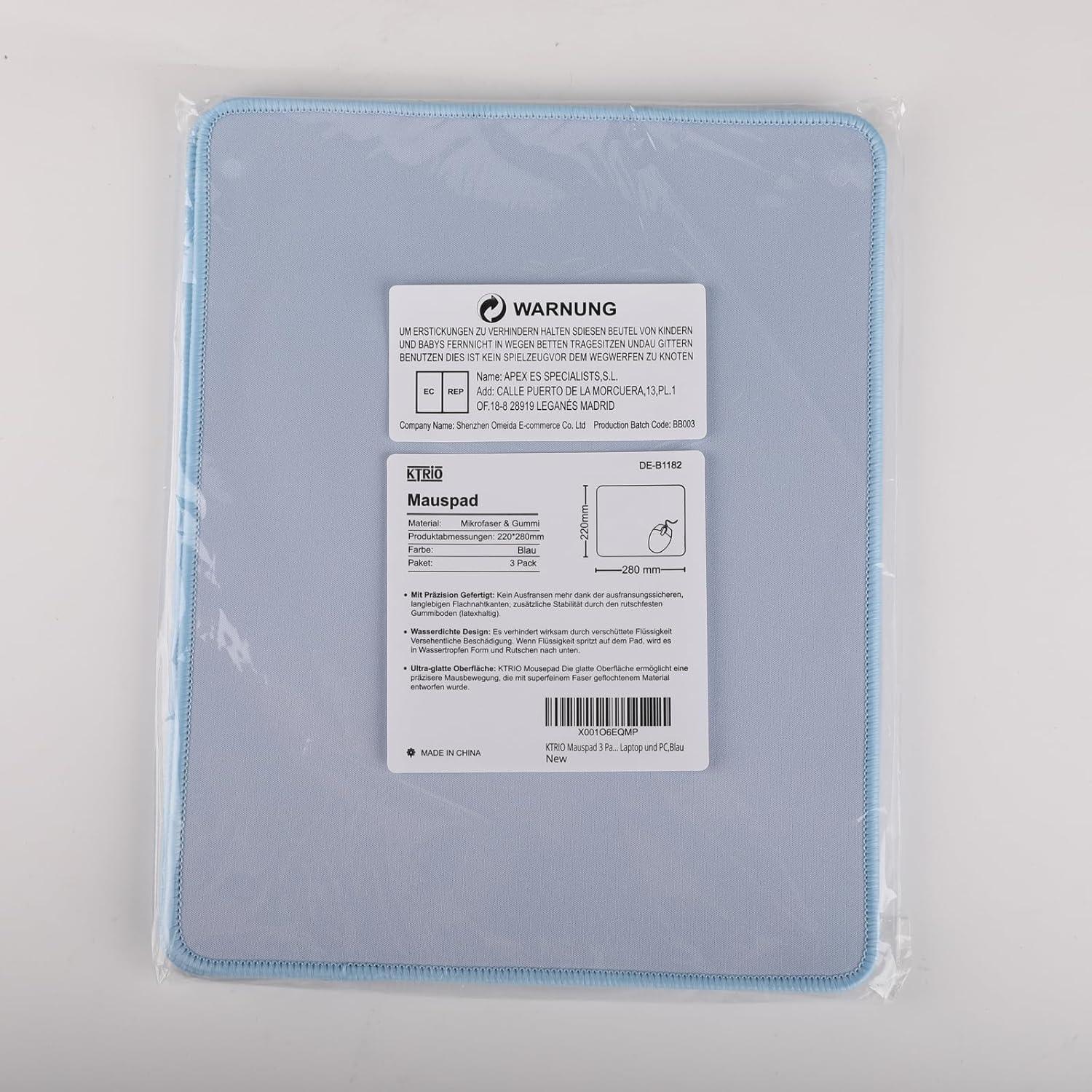 KTRIO Mauspads 275×215mm Wasserdicht Rutschfest Blau 3er-Pack