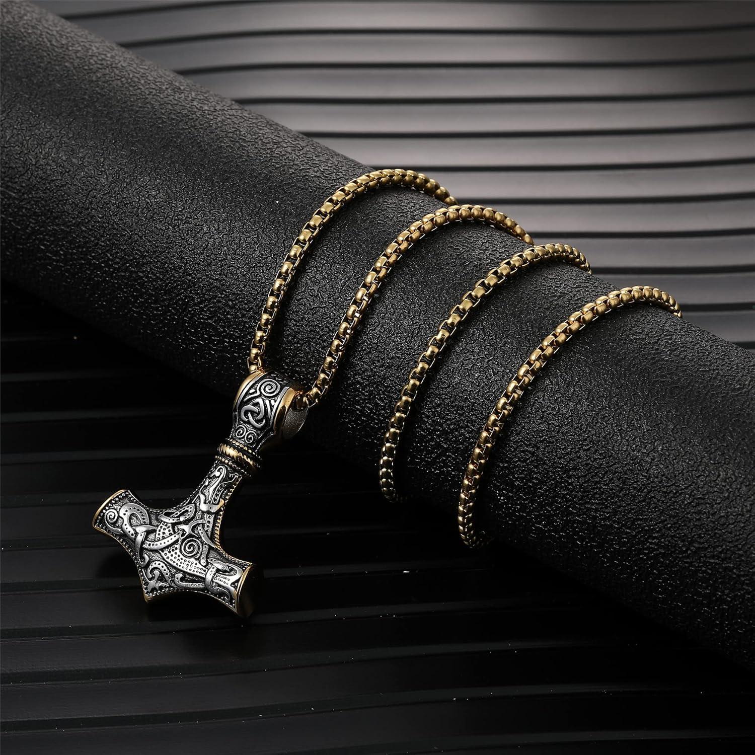 Wikinger Thors Hammer Halskette Edelstahl Mjolnir Herren 50/60/70cm Schwarz/Gold
