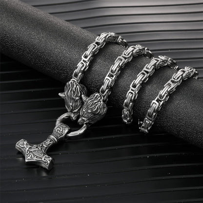 AFSTALR Wikinger Thors Hammer Halskette aus Edelstahl - Mjolnir Runen Viking Geschenk - Silber/Schwarz/Gold 60cm