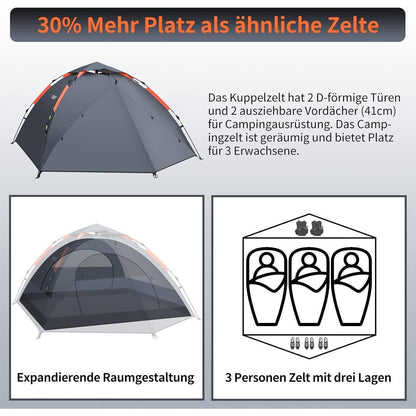 Camping Zelt für 3 Personen Wasserdicht Automatisch Pop Up 4