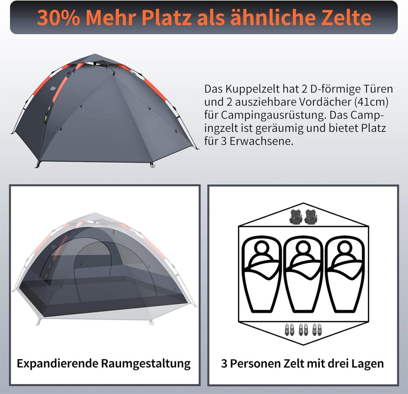 Camping Zelt für 3 Personen Wasserdicht Automatisch Pop-Up 4