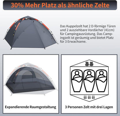 Camping Zelt für 3 Personen Wasserdicht Automatisch Pop-Up 4