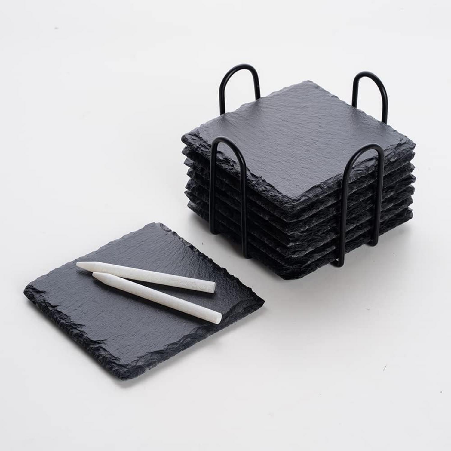 Schiefer Untersetzer 8er Set mit Halter und Kreidestift - Tischdeko