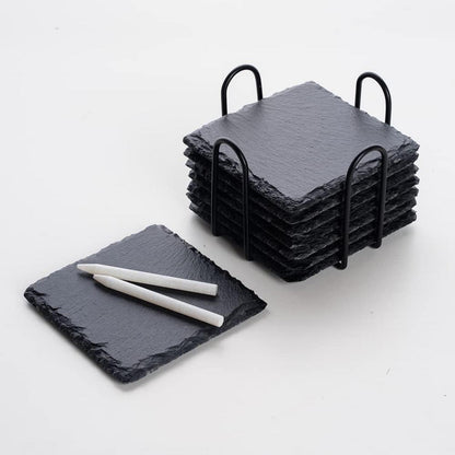 Schiefer Untersetzer 8er Set mit Halter und Kreidestift - Tischdeko