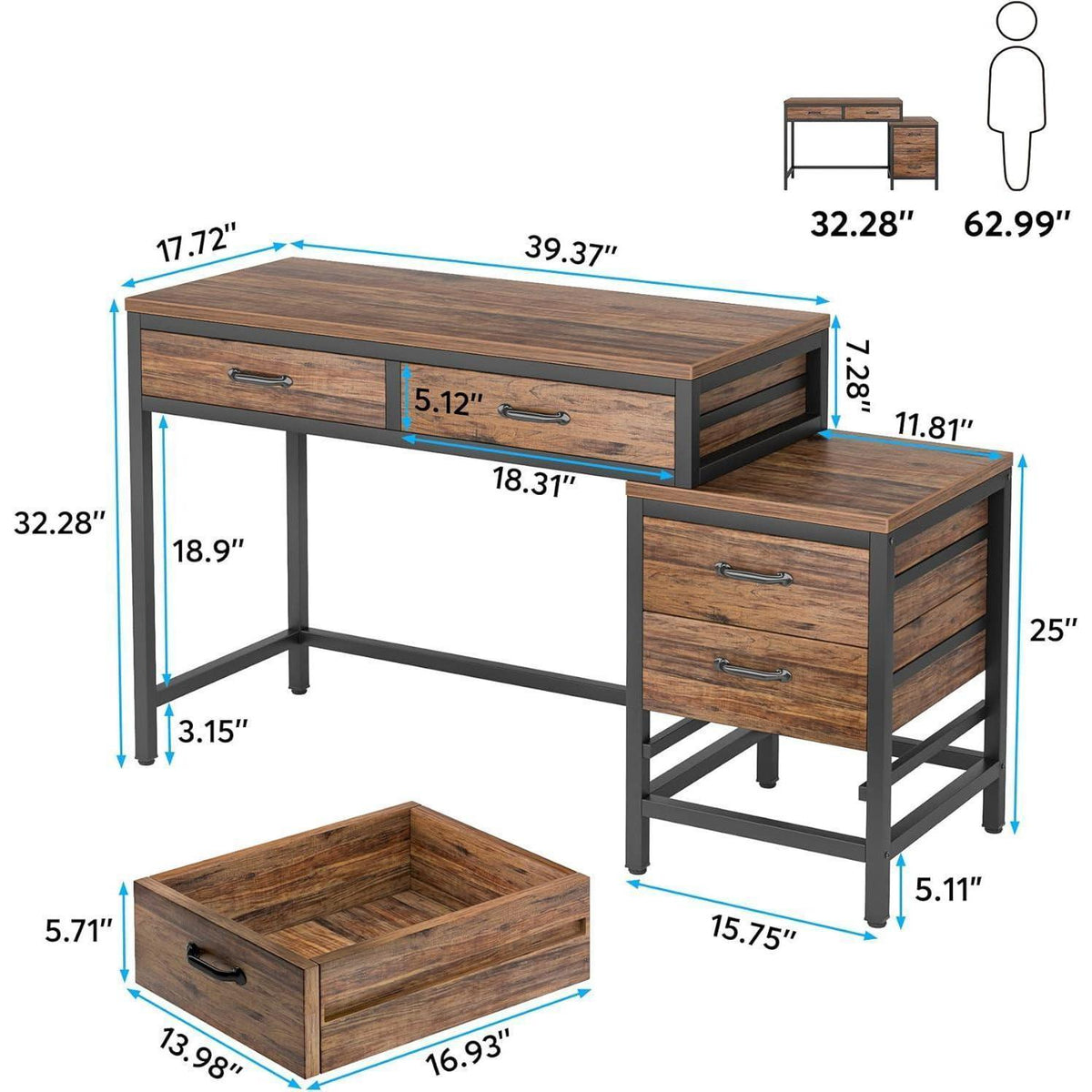 Schreibtisch mit 5 Schubladen & Aktenschrank – Braun