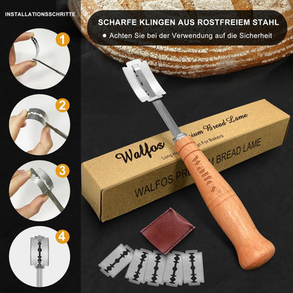 Walfos Bäckermesser Premium Brot Lahm 19cm mit 6 Klingen Lederschutzhülle