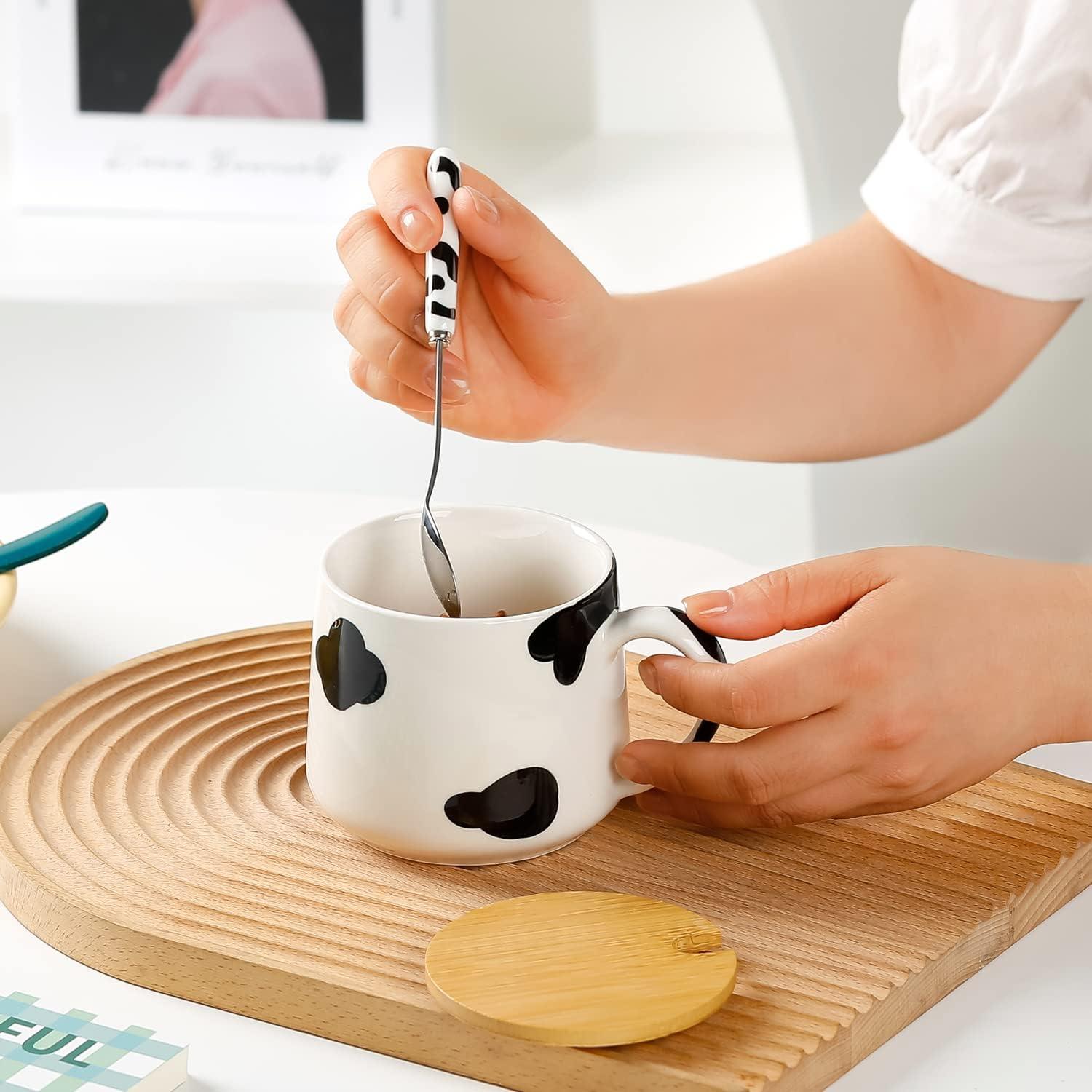 Süße 3D Kuh Kaffeetasse Teetasse mit Deckel und Löffel • Geschenke für Frauen