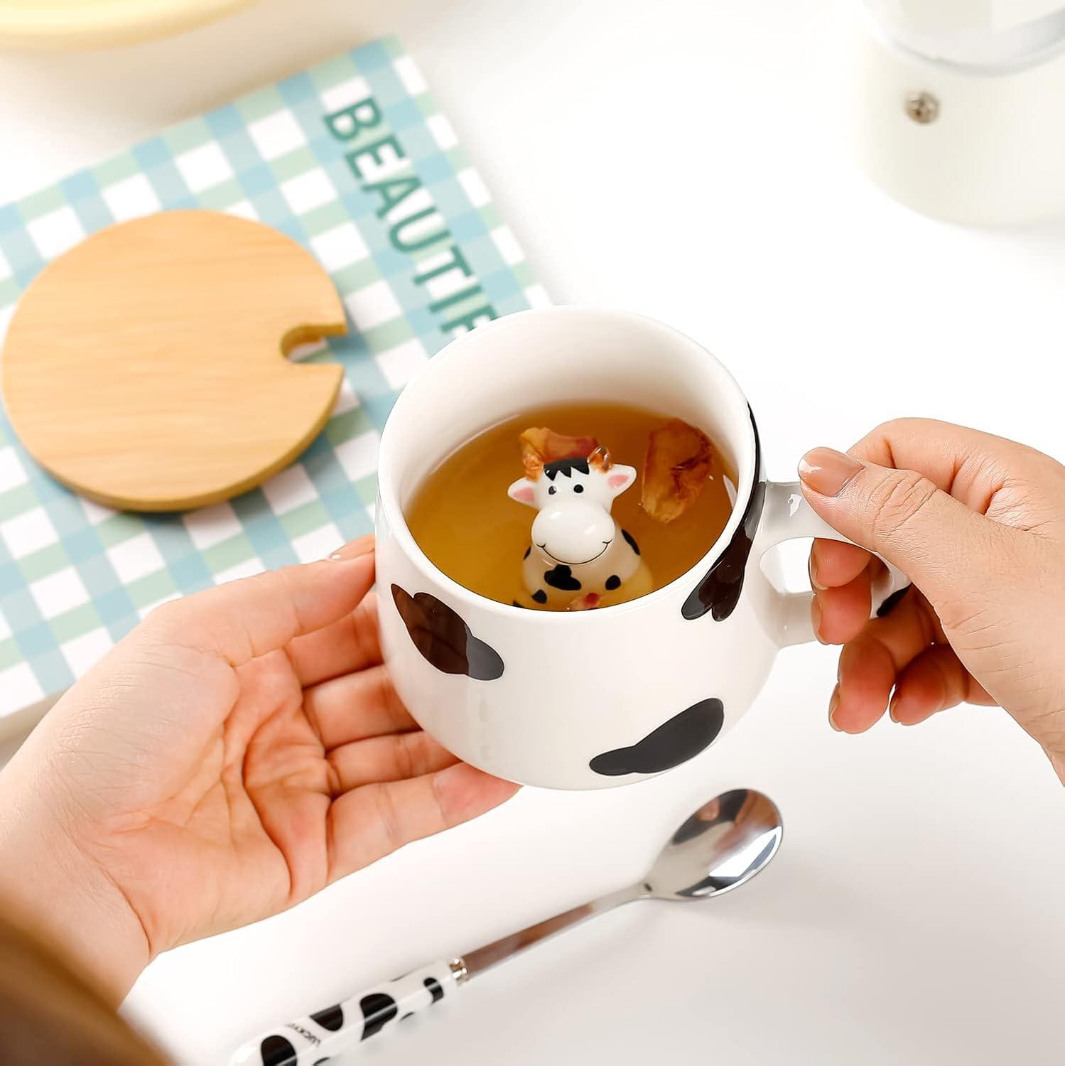 Süße Keramik Kuh Kaffeetasse Teetasse mit Deckel und Löffel 3D Tasse 350ml, Geschenk für Frauen